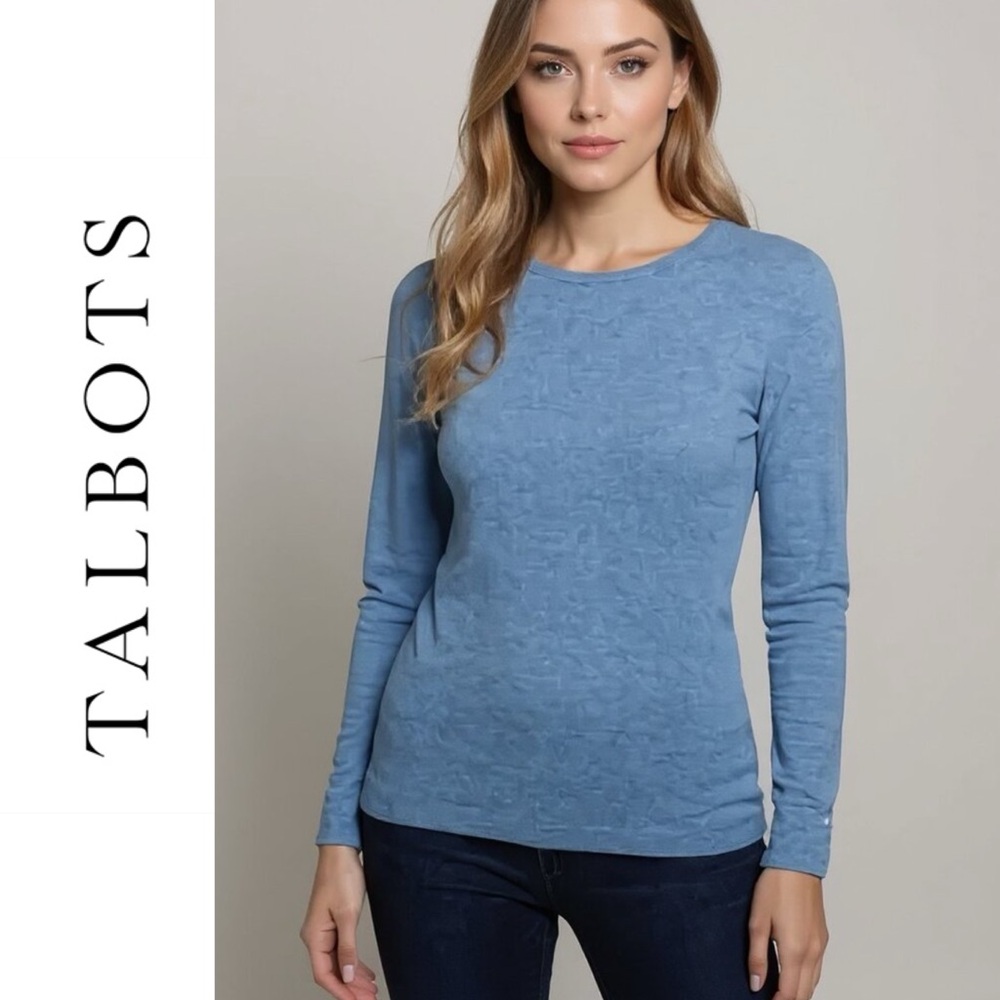 TALBOTS Pure Cashmere Blue Long Sleeve Button Cuff Crewneck Sweater Size Small